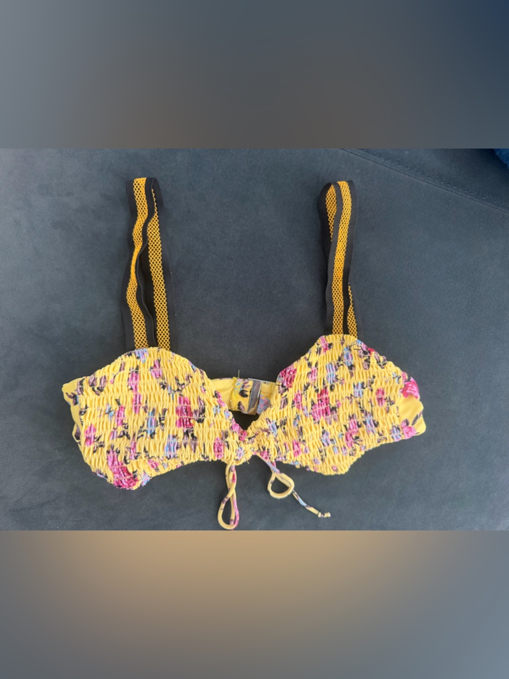 For Love and Lemons Yellow Floral Smocked Bikini Top SIZE M